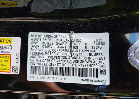 2025 Honda Civic Lx z USA, uszkodzony, nr VIN 2HGFE2F29SH570109
